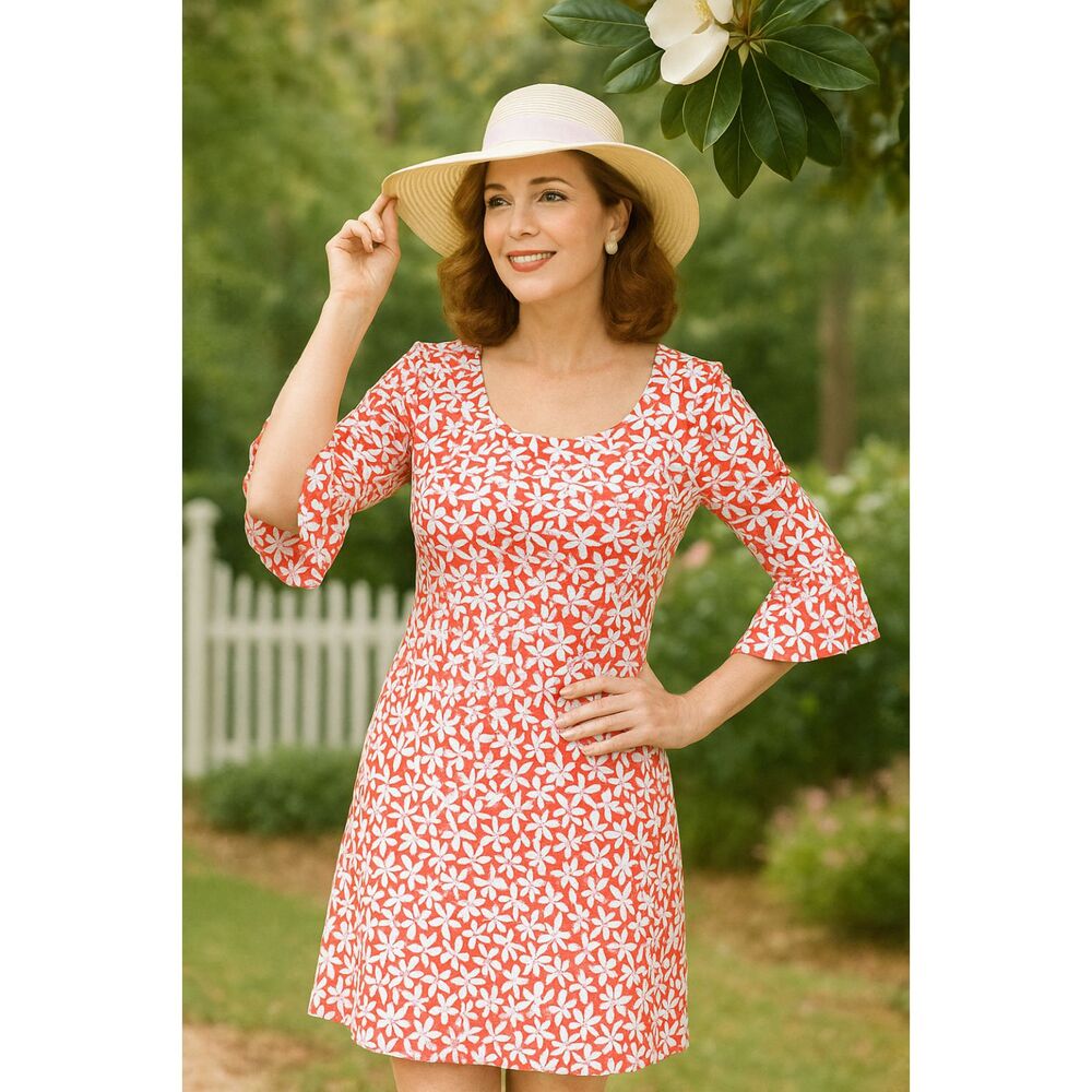 Draper James Red and White Bell Sleeved Ruffle Dress Southern Size Two